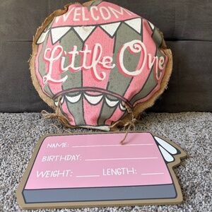 Pink Burlap and Wood Hot Air Balloon Welcome Little One sign-Baby Girl Nursery